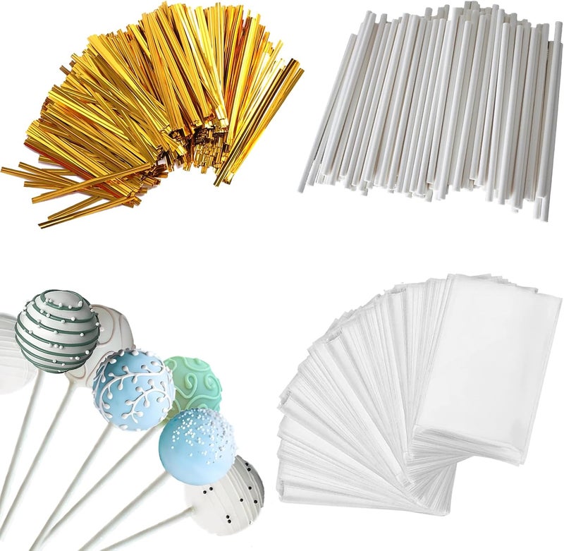 Eiahonen 300 PCS Cake Pop Sticks and Wrappers Kit Including 100ct 6-inch Cake Pop Paper Lollipop Sticks, 100ct Clear Candy Treat Bags, 100ct Gold Twist Ties for Cake Pops, Lollipops, Candy, Chocolate - Image 1